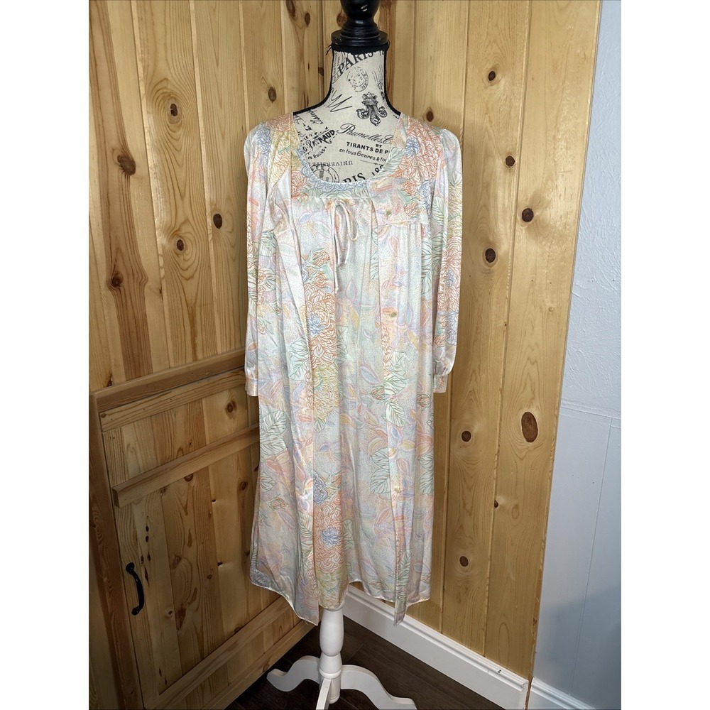 Vintage Lorraine Peignoir Set Floral Slip Robe Knee Length Size Small